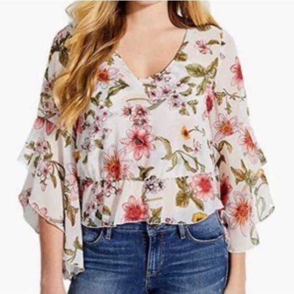 Guess white pink Floral sheer fairy sleeve peplum top shirt Extra Small XS 0 2 4 - Picture 11 of 11